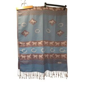Pashmina Silk Blend Equestrian Horse Print Scarf Shawl Wrap Blue Brown Fringe